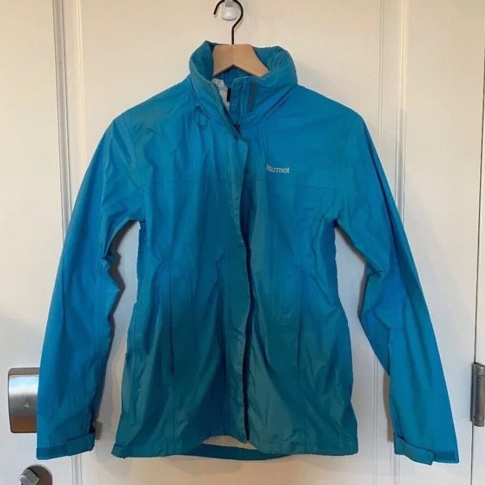 Women's Marmot Blue Waterproof Hooded Rain Jacket Size S Windbreaker Packable